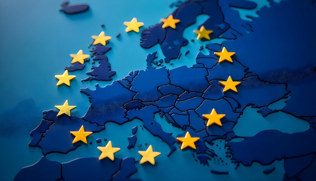 Carte de l'Europe avec étoiles jaunes.