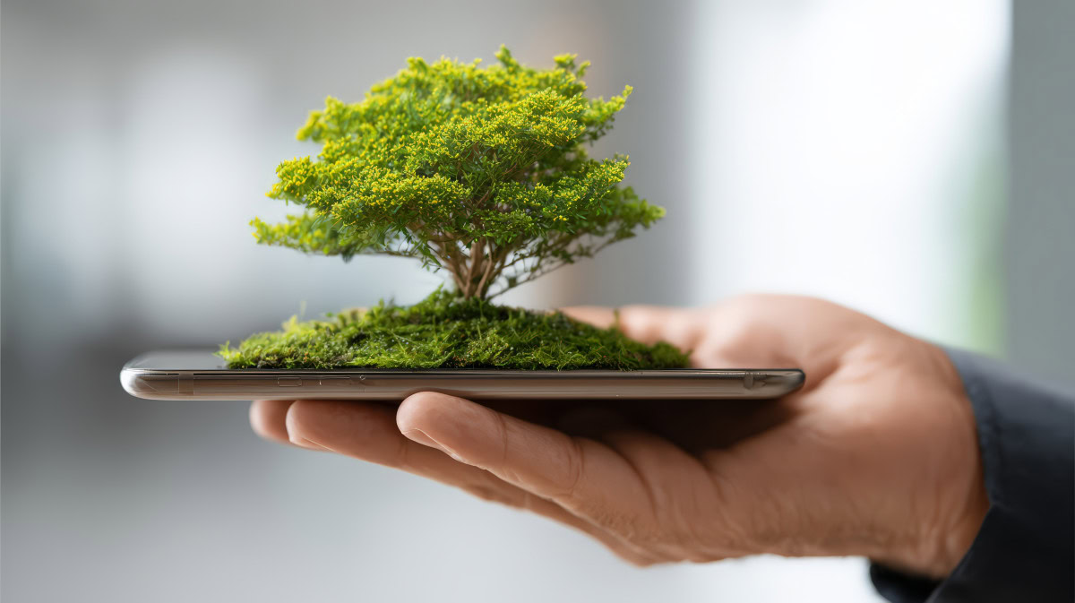 Arbre miniature sur smartphone dans une main humaine.
