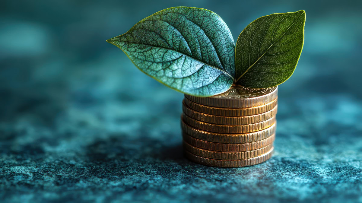Pièces empilées avec feuilles vertes, symbolisant finance verte.
