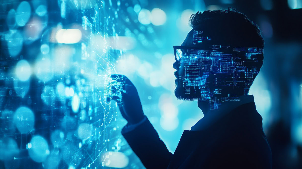 Personne interagissant avec un écran numérique lumineux.